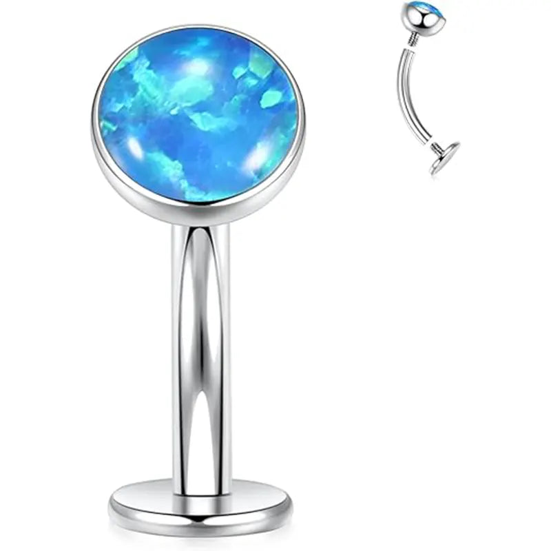 G23 Round Flat Bottom Belly Button Nail 1.6*10*5 Silver Blue Opal