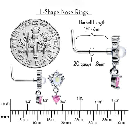20G 7mm Pink CZ Heart Mystique Dangle Stainless Steel L-Shaped Nose Stud