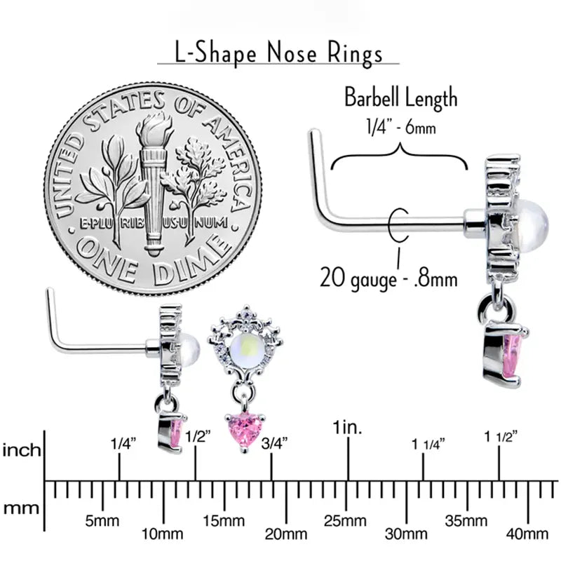 20G 7mm Pink CZ Heart Mystique Dangle Stainless Steel L-Shaped Nose Stud