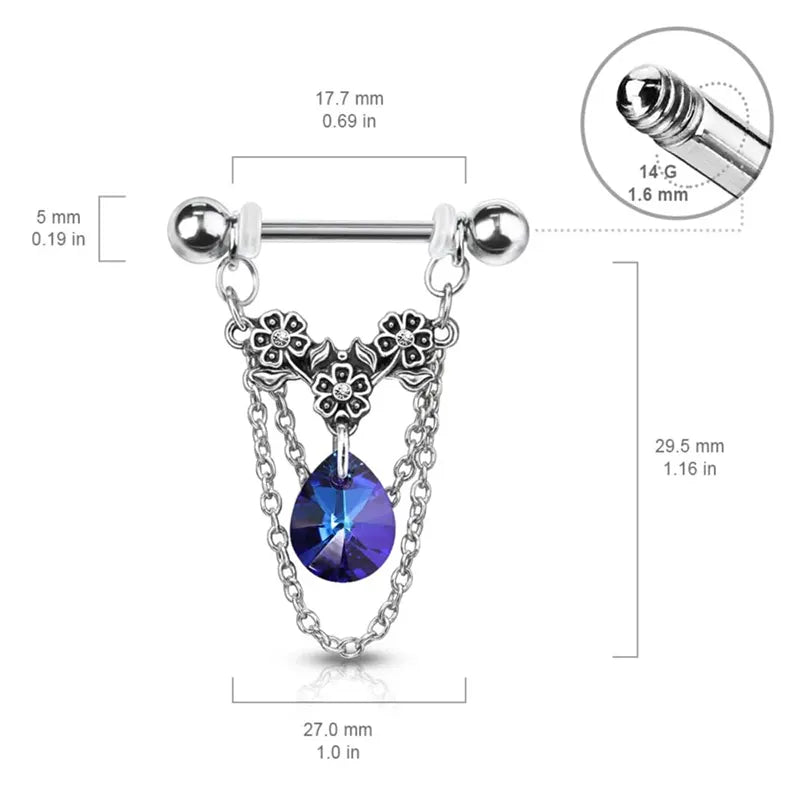 Triple Flower and Pear Crystal Dangle Nipple Ring