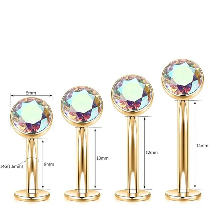 G23 Round Flat Bottom Belly Button Nail 1.6*8*5 Gold White AB Zircon