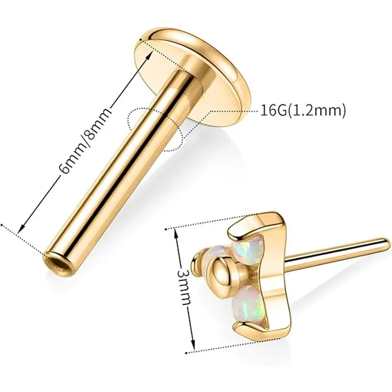 G23 Pin Style Gold 3 White Opal Three Petal Lip Nail 1.2*6/8