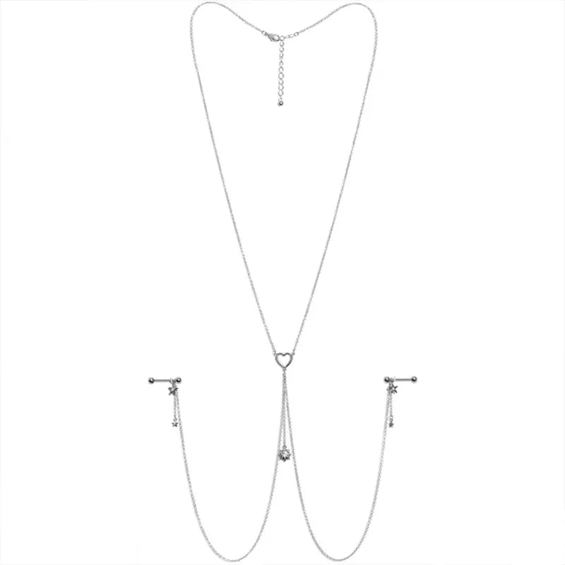 14G 5/8" Clear Gem Moon ＆ Heart Nipple Chain