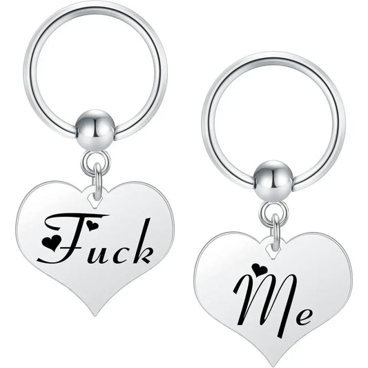 Set of 2 Cap Nipple Rings with Heart-Engraved Steel Plates
