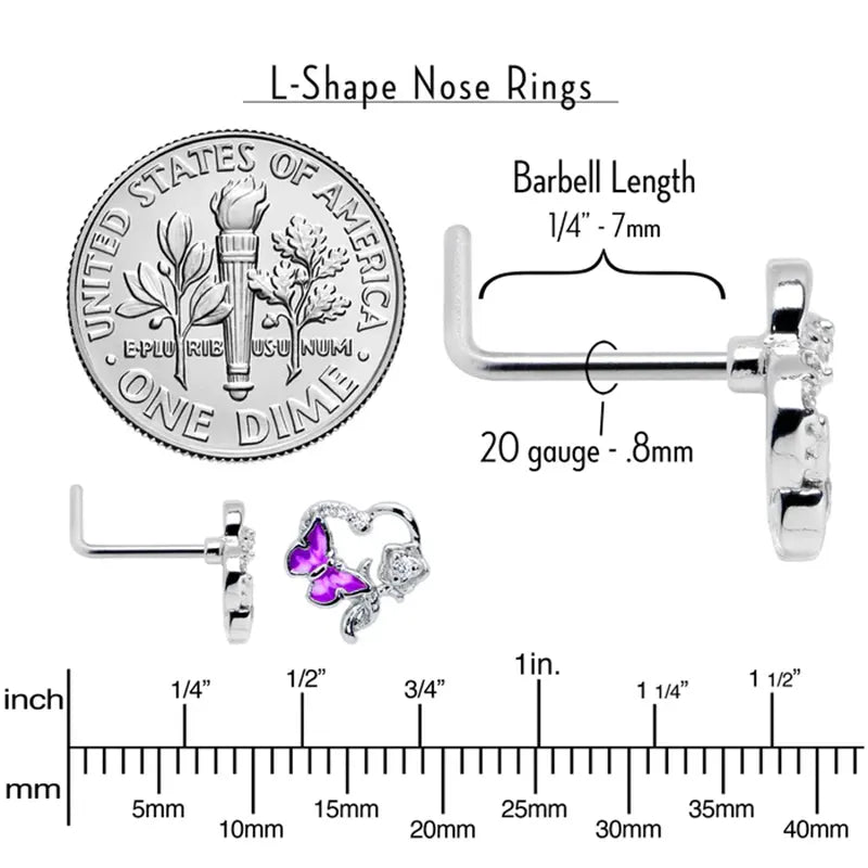 20G 7mm Clear CZ Butterfly & Rose Flower Purple L-Shaped Nose Stud