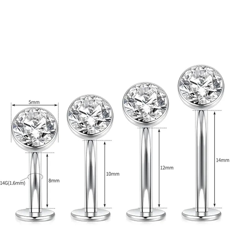 G23 Silver Round Flat Bottom Transparent Zircon Navel Nail Nail 1.6*10*5