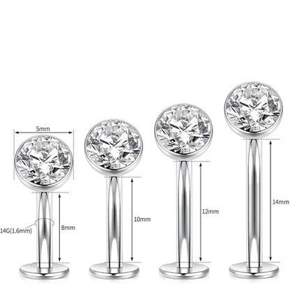 G23 Silver Round Flat Bottom Transparent Zircon Navel Nail Nail 1.6*10*5