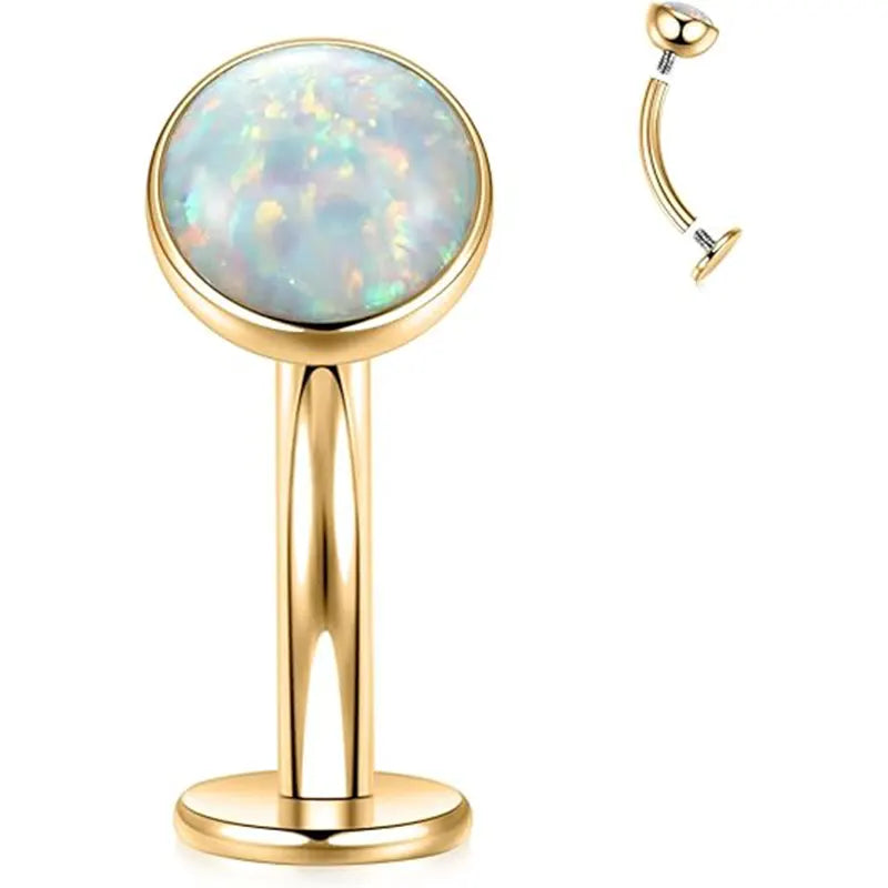 G23 Round Flat Bottom Belly Button Nail 1.6*8*5 Gold White Opal