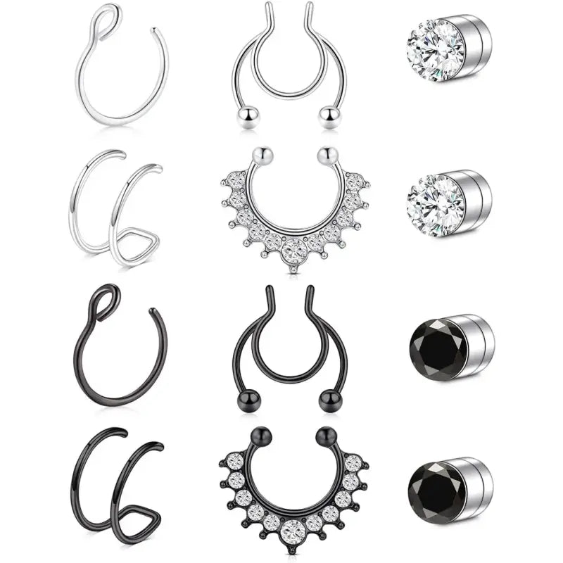 Women's fake nose ring, lip ring, earrings six styles set