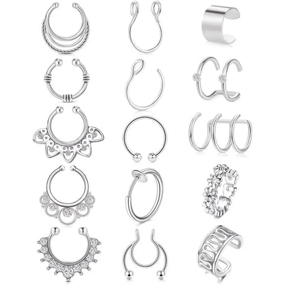 Women's fake nose ring, lip ring, earrings six styles set