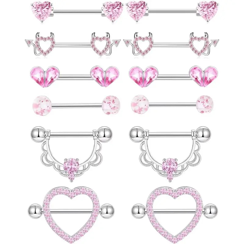 6 Pairs Nipple Rings Set – Cute CZ Hearts, Moons & Flowers