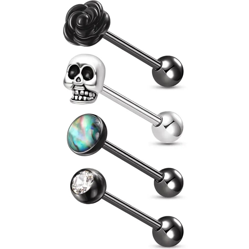 4PCS Halloween Skull & Rose Tongue Rings 14G Barbell Set