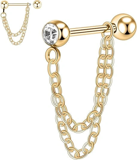 Gold Double Chain Cartilage Earring with CZ