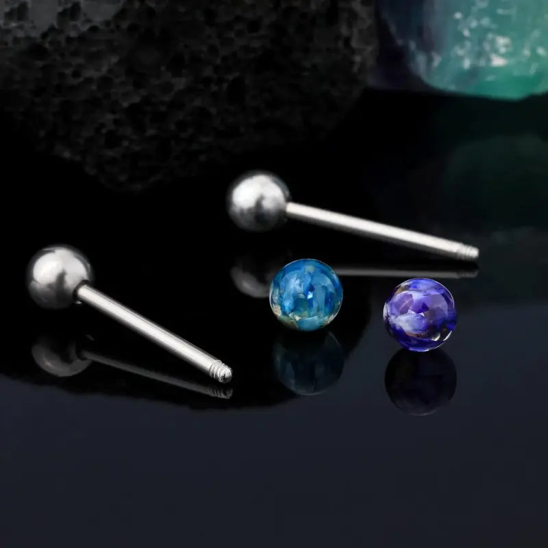 2 pcs 14G titanium tongue rings with colored pebbles on top