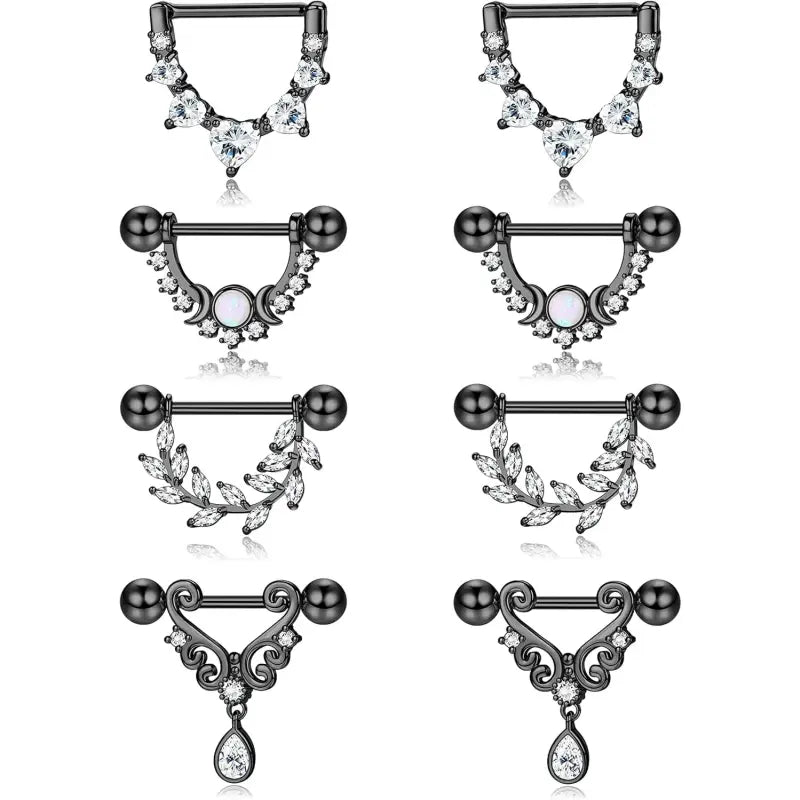 4 Ps Nipple Rings Set – Heart, Moon, Leaf & CZ Designs
