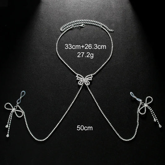 Rhinestone Bow Nipple Chain Body Jewelry for Women