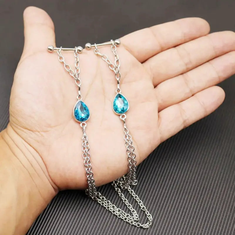 14G Nipple Chains with Crystals – Surgical Steel Barbells