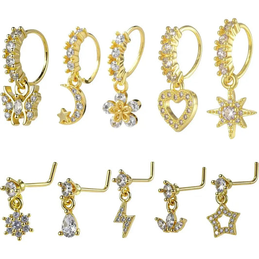 10 Pcs 20G CZ Dangle Nose Rings – L-Shaped Hoop Studs