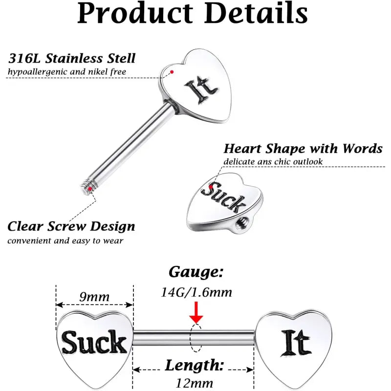 3 Pairs 14G Nipple Rings – Heart Barbell Piercing Jewelry