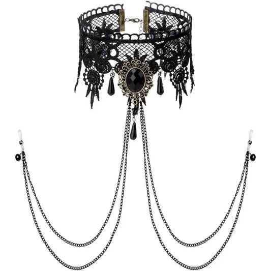 Sexy Fake Nipple Rings & Lace Choker Body Chain Set
