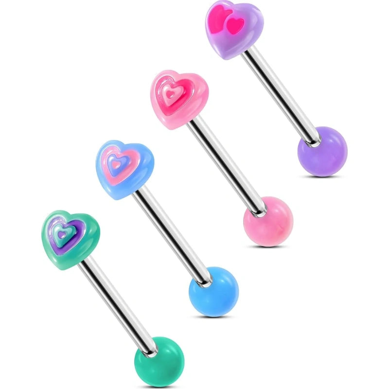 4Pcs 14G Heart Tongue Rings – Rainbow Acrylic Tops