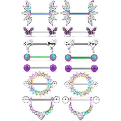 Butterfly Nipple Rings Set – 14G Steel Jewelry 7 Pairs