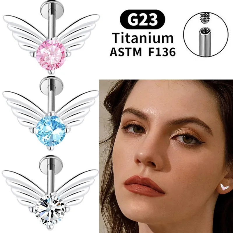 G23 Titanium Wing Stud with Zircon for Ear or Lip Piercing