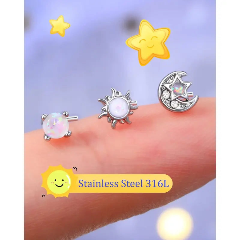 3PS 316L Stainless Steel Moon & Sun L-Shaped Nose Studs