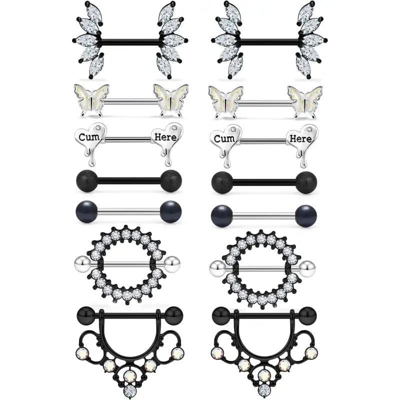 Butterfly Nipple Rings Set – 14G Steel Jewelry 7 Pairs
