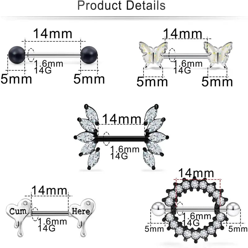 Butterfly Nipple Rings Set – 14G Steel Jewelry 7 Pairs