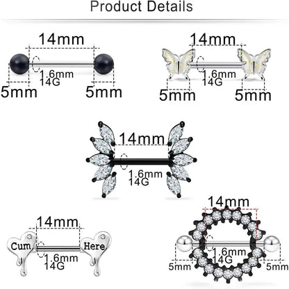 Butterfly Nipple Rings Set – 14G Steel Jewelry 7 Pairs