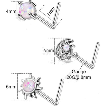 3PS 316L Stainless Steel Moon & Sun L-Shaped Nose Studs