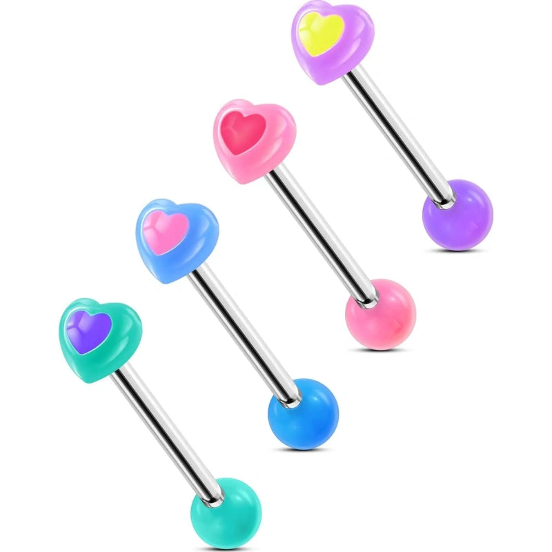 4Pcs 14G Heart Tongue Rings – Rainbow Acrylic Tops