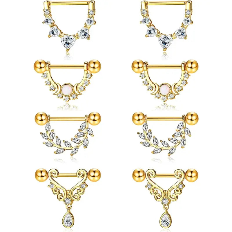 4 Ps Nipple Rings Set – Heart, Moon, Leaf & CZ Designs