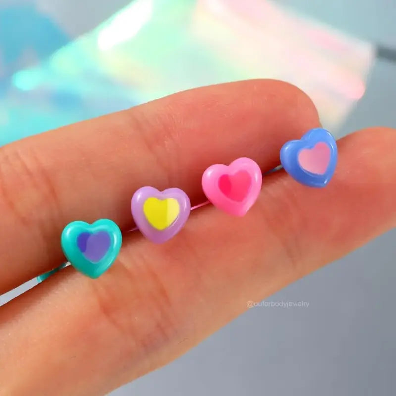 4Pcs 14G Heart Tongue Rings – Rainbow Acrylic Tops