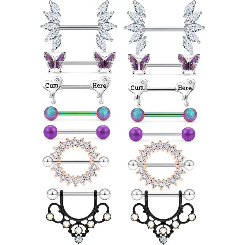 Butterfly Nipple Rings Set – 14G Steel Jewelry 7 Pairs