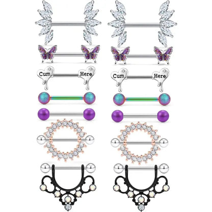 Butterfly Nipple Rings Set – 14G Steel Jewelry 7 Pairs