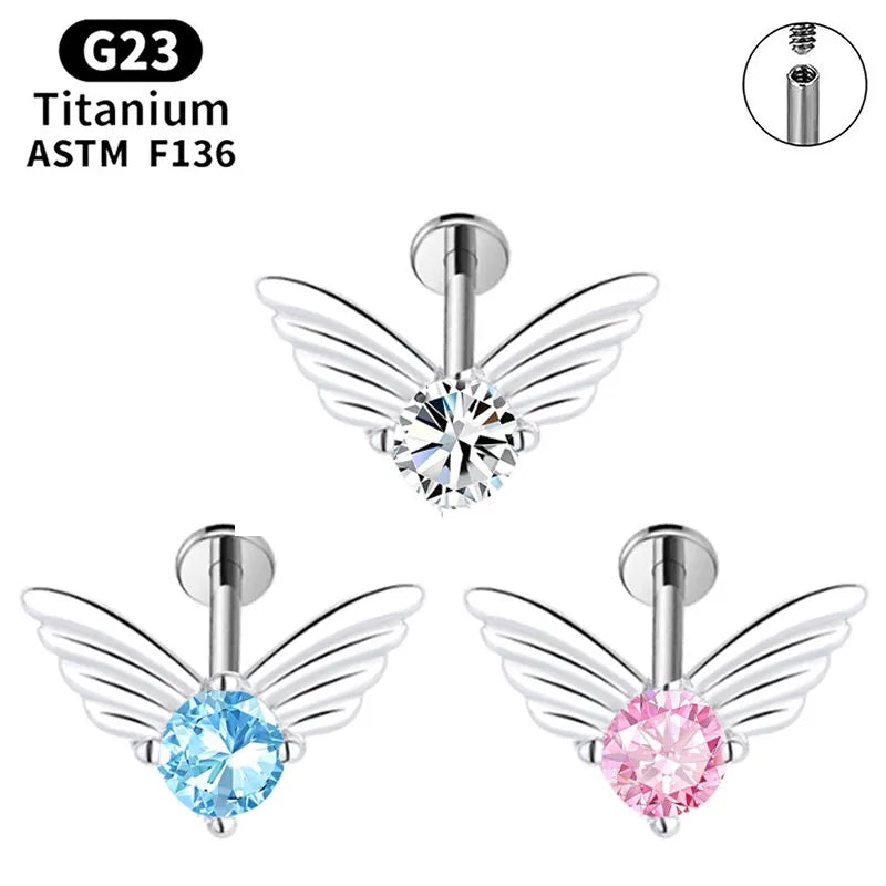 G23 Titanium Wing Stud with Zircon for Ear or Lip Piercing