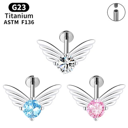 G23 Titanium Wing Stud with Zircon for Ear or Lip Piercing