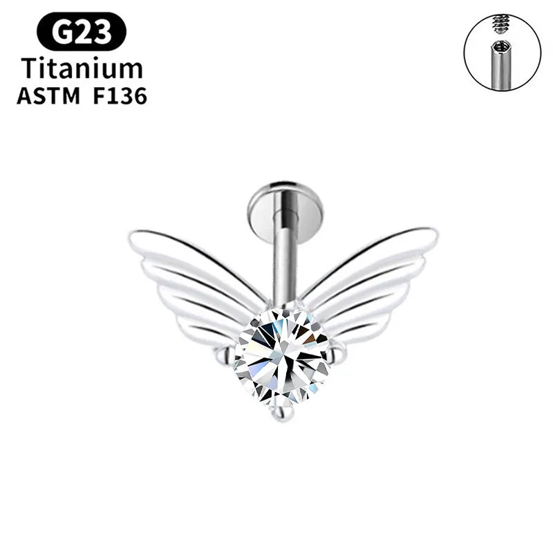 G23 Titanium Wing Stud with Zircon for Ear or Lip Piercing