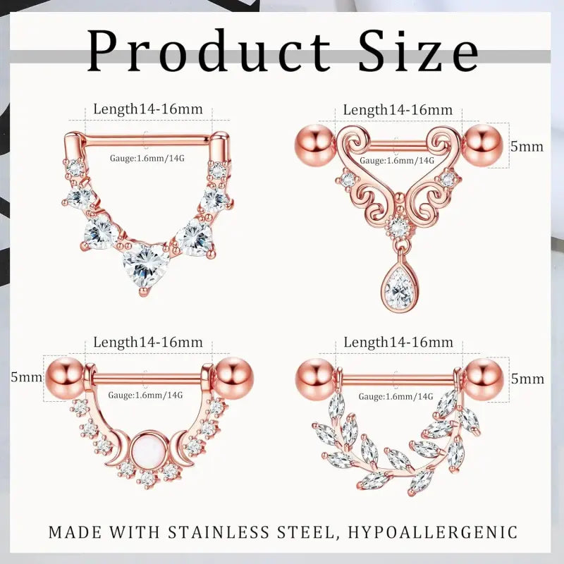 4 Ps Nipple Rings Set – Heart, Moon, Leaf & CZ Designs