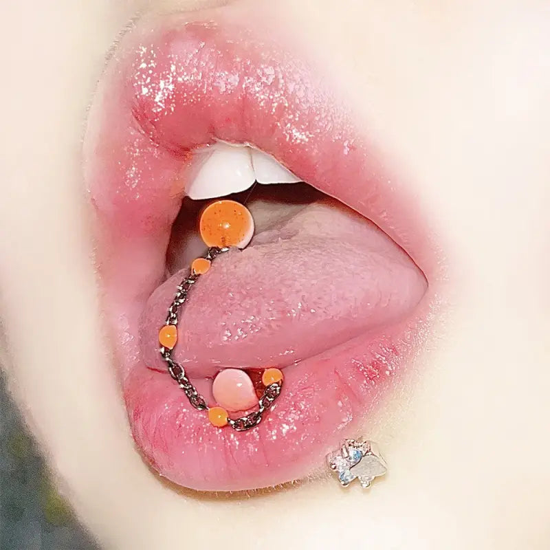 Women's Colorful 14G Gothic Chain Steel Tongue Ring