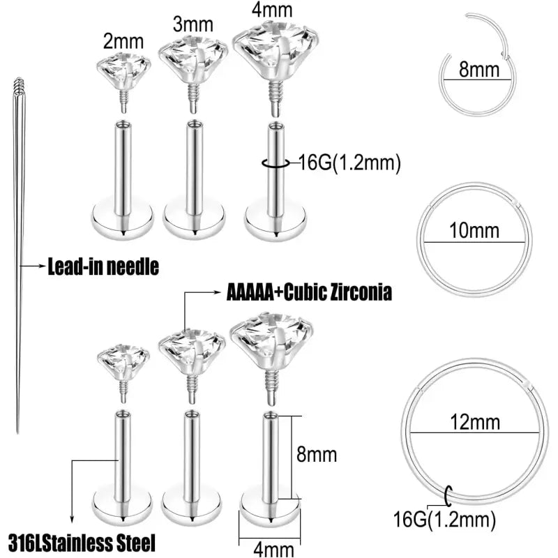 16G/18G Lip & Nose Studs with Hoops – Hypoallergenic Set
