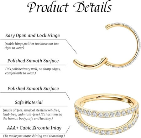 Gold Single CZ+Double CZ Nose Rings Set