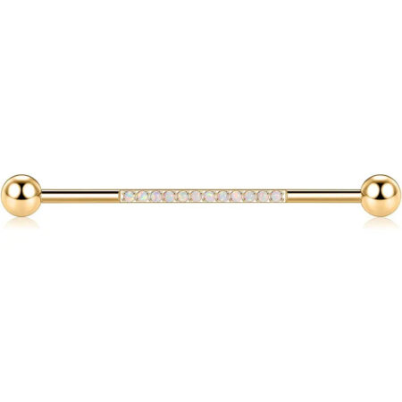 14G Surgical Steel 1/2" Gold Industrial Barbell with White Opal