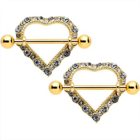 14G 9/16" Clear Gem Gold Heart Nipple Shields