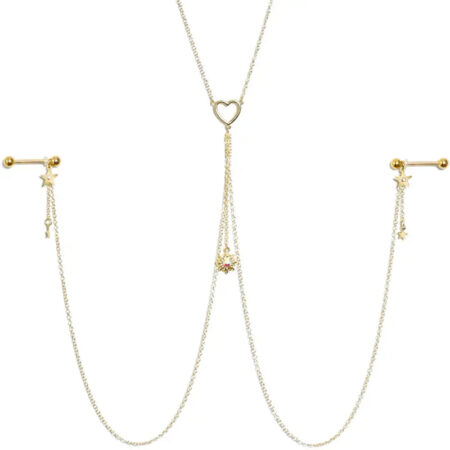 14G Gold Nipple Chain with Aurora Gem Sun Heart Star Charms