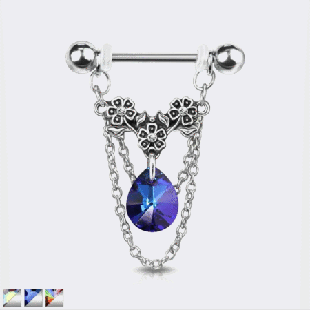 Triple Flower and Pear Crystal Dangle Nipple Ring