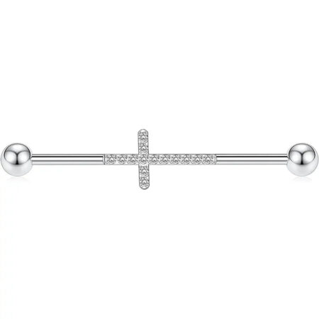 14G Surgical Steel Silver with Cross CZ 1/2" Industrial Barbell