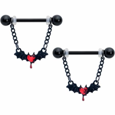 14G 9/16" Red Gem Black Bleeding Heart Bat Nipple Rings 1